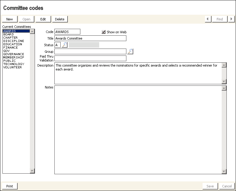 Advanced Accounting Console: Settings > Membership > Set up tables > Committee codes