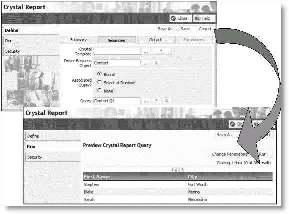 Example of a Crystal report definition and its output