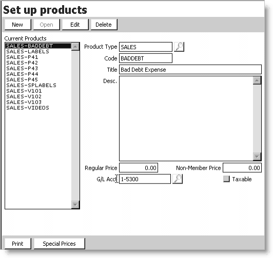 Set up products window showing BADDEBT product code