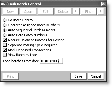 From AR/Cash, select Set up module and click Batch Control.