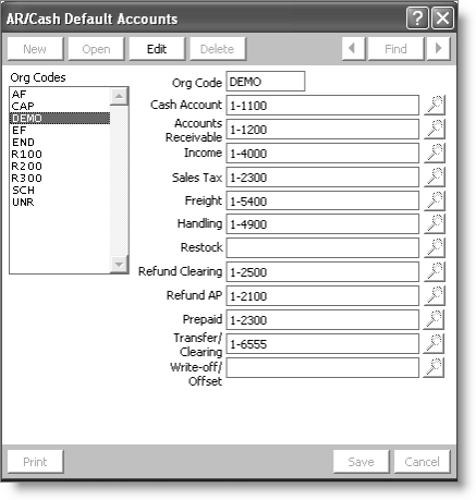 From AR/Cash, select Set up module, and click Default Accounts