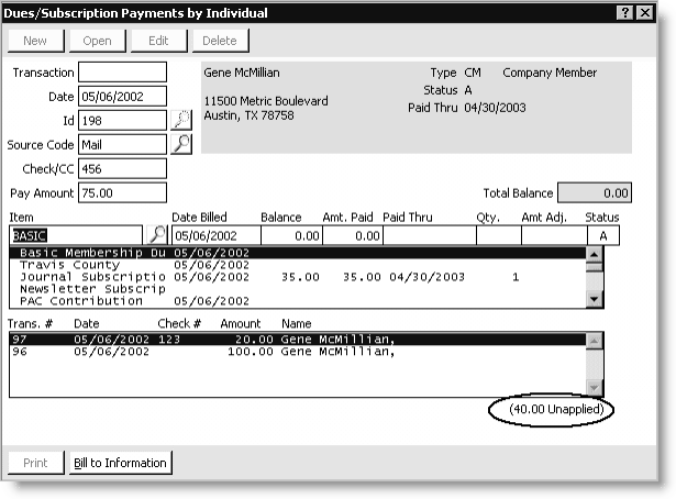 Dues/Subscription Payments by Individual window showing overpayment.