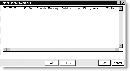 Select Open Payments window showing all open credits for individual.