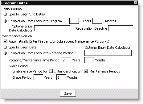 From Certification, select Set up programs, double-click a program, and click Dates