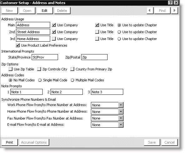 From Customers, select Set up module > General, and click Address and Notes