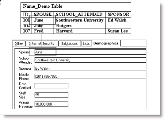 When we enter data in the Demographics tab, the Name_Demo table stores the data, and the Demographics tab displays the data.