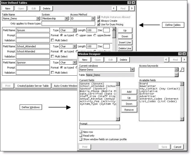 In the User Defined Tables window, we selected the Name_Demo table and defined the fields we wanted to use. When we created the user-defined Demographics tab, we chose the Name_Demo table, and selected only nine fields from the table to display in our Demographics tab. 