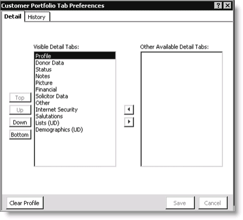 Right-click in either the Detail or History area and select Edit Tab Preferences