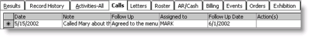 Manage customers window - Calls tab