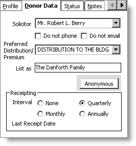 From Customers, select Manage customers, open a customer record, and select the Donor Data tab