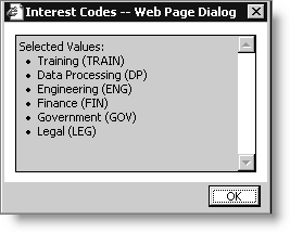 Example of window showing descriptions of currently selected values for the multi-select field shown in the previous example