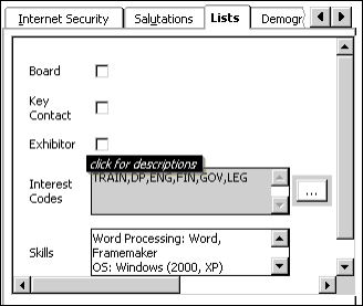 Example of a multi-select field showing the click for descriptions message that displays when the cursor is over the field