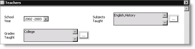 Example of the second row from the multi-instance, user-defined tab show in the previous example displayed in a window format (in the data grid, double-click on the gray box located to the left of the row you want to view)