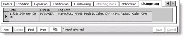 Sample Change Log tab after adjusting data grid