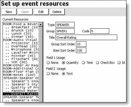 Example of the Set up event resources window