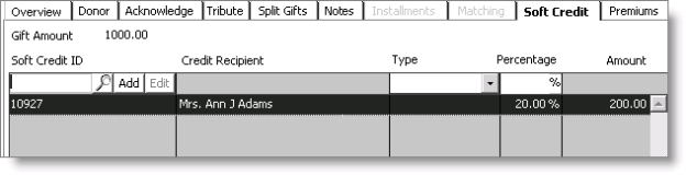 From Fundraising, select Enter and edit gifts > Soft Credit tab