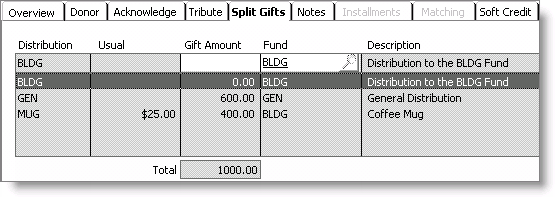 From Fundraising, select Enter and edit gifts, enter a gift, and select the Split Gifts tab