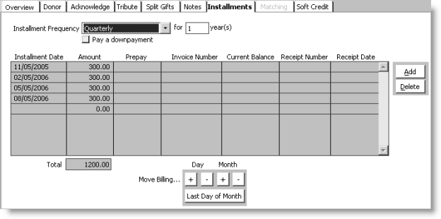From Fundraising, select Enter and edit gifts, enter/open a pledge, and select the Installments tab