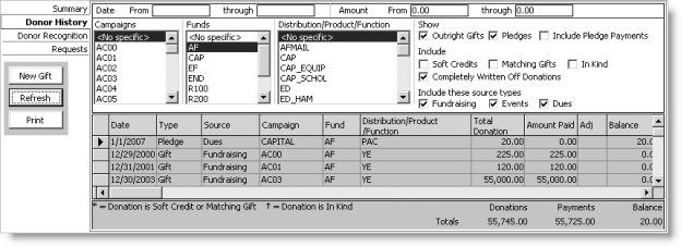 From Customers, select Manage customers > Fundraising > Donor History 