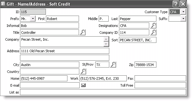 From Fundraising, select Enter and edit gifts, enter or edit a gift or pledge, and click Add or Edit next to the Soft Credit field.