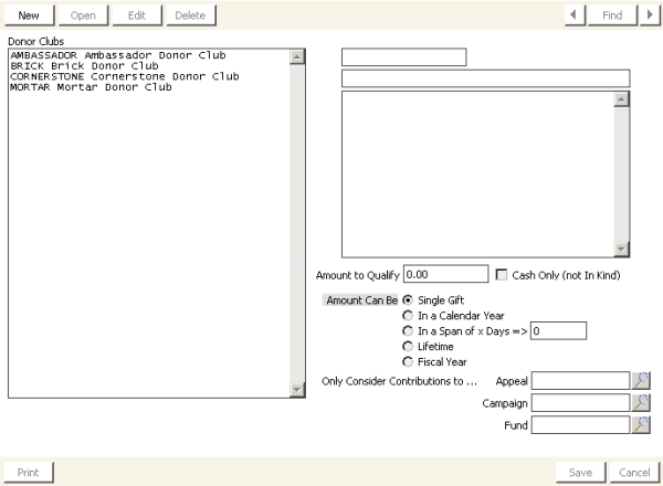 Desktop: Fundraising > Set up tables > Donor clubs