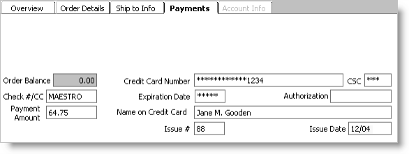 From Orders, select Enter and edit orders, enter or open an order, and select the Payments tab