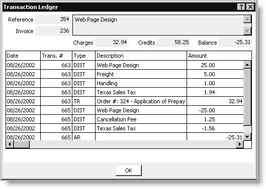 Example of the AR/Cash Transaction Ledger window reflecting all transactions for Invoice # 236