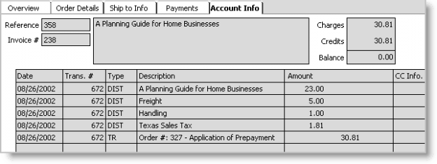 Example of the Account Info tab reflecting an original transaction for Invoice # 238
