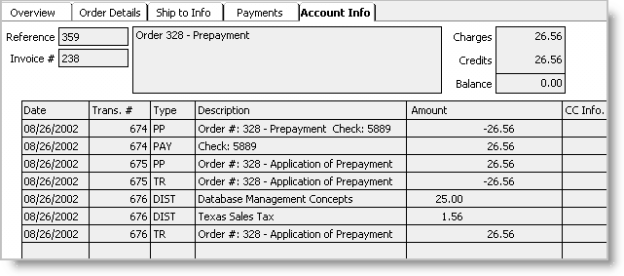 Example of the Account Info tab reflecting a debit memo order for Invoice # 238 - Note that additional freight and handling charges were not incurred for the additional product