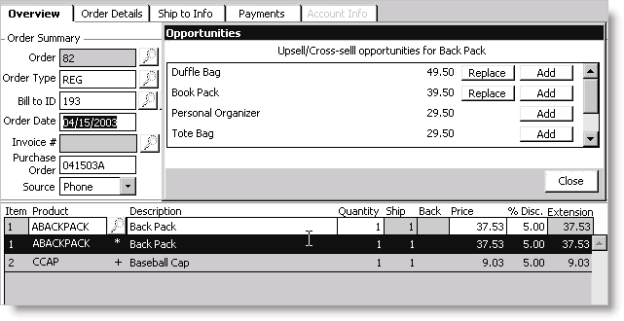 Example of the Opportunities window and Overview tab during order entry