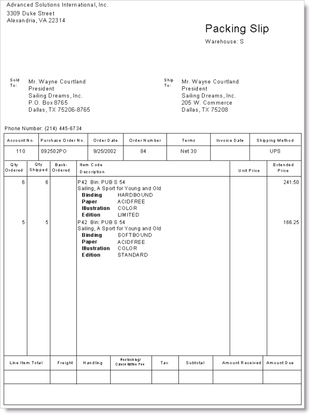 Example of a Packing Slip - Multi-Warehouses enabled
