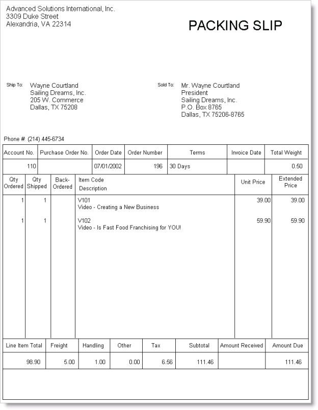 Example of a Packing Slip - Multi-Warehouses disabled; pricing information displays only if the Show Prices On Shipping Paper option is enabled on the Order Status Defaults window (from Orders, select Set up module, and click Order Staging)