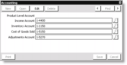 From Orders, select Manage inventory > Manage products, select a product from the list of Current Products, and click Accounting