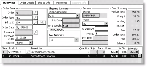 Example of a partially shippable order with full payment before invoicing