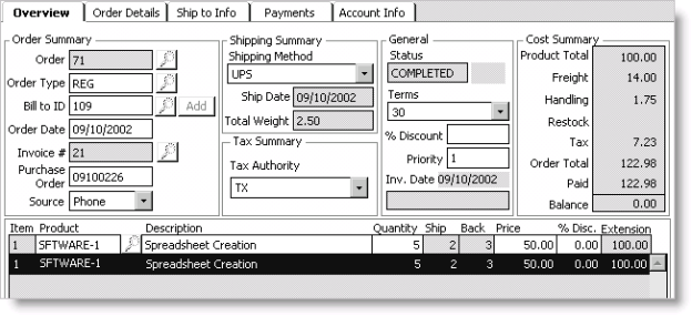 Example of a partially shipped order after invoicing. Note that the Extension price does not reflect the backordered products. Taxes were recalculated for the shipped products, and only the cash relevant to the shipped total is applicable for the order.