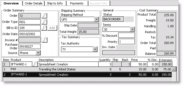 Example of a partially shippable order in backorder status when the Ship Complete, Hold Until 100% Complete option is enabled