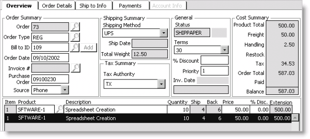 Example of a partially shippable order before invoicing when the Ship Partial, Cancel Backorders option is enabled