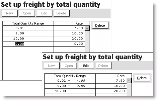 Example of rates defined for three quantity ranges (before and after being saved)