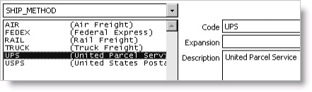 Example of the SHIP_METHOD general lookup/validation table