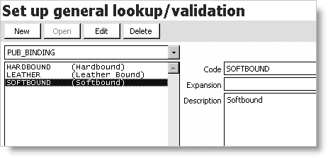 Example of a general lookup/validation table set up for a user-defined field