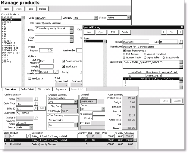 Example of a total quantity discount that has been defined and applied to an order