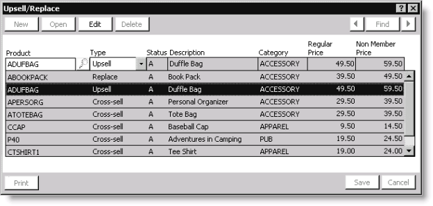 From Orders, select Manage inventory > Manage products, select a product from the list of Current Products, and click Upsell/Replace