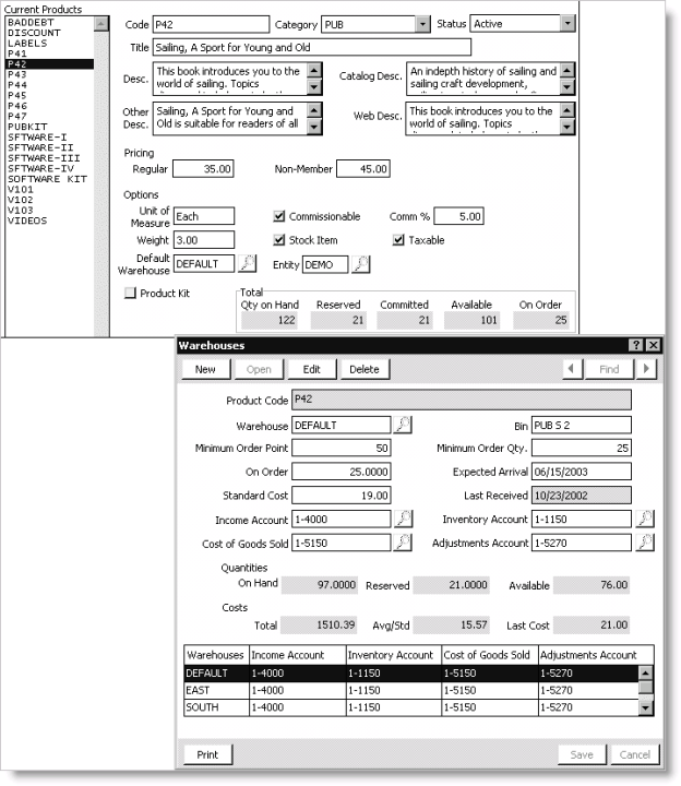 Example of a product's inventory displayed on both the Manage products and Warehouses windows