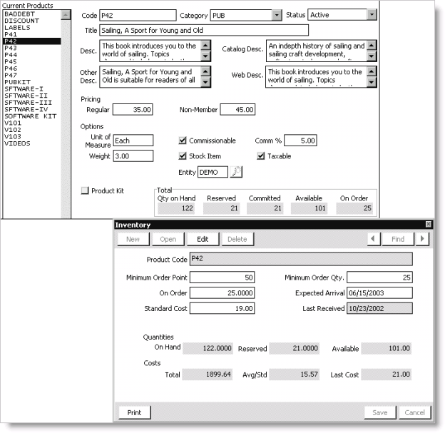 Example of a product's inventory displayed on both the Manage products and Inventory windows