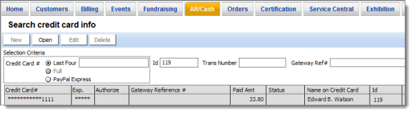 From AR/Cash, select Credit card reporting > Search CC info