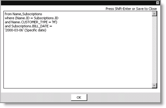 Example of the Comparison Value window.