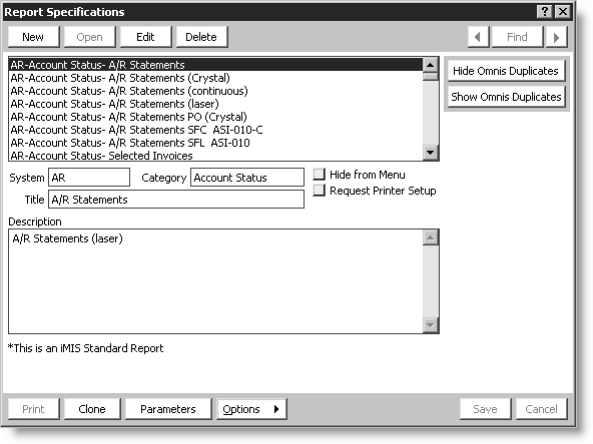 Report Specifications window
