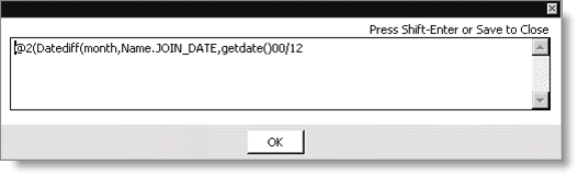 Example of text entry area expanded. This formula calculates the years of membership.