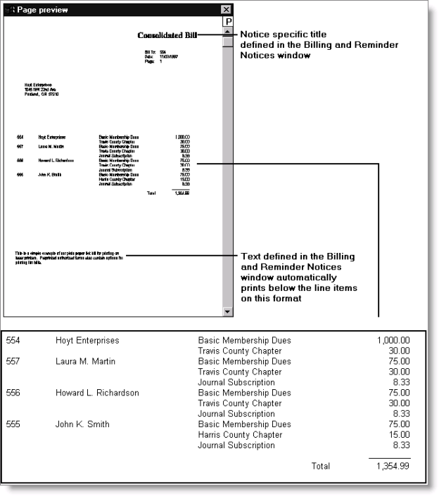 Expanded view of customers and products billed with a Dues Renewal Notice List Bill