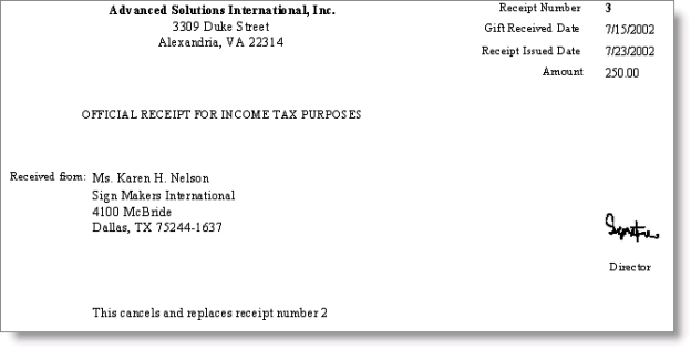 Desktop: Fundraising > Generate reports > Replacement Receipt from the Report Types scrolling list, select a report from the Available Reports scrolling list